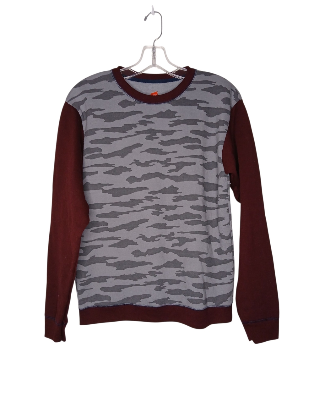Hanes Boys Gray Camo Crewneck Sweater with Maroon Sleeves